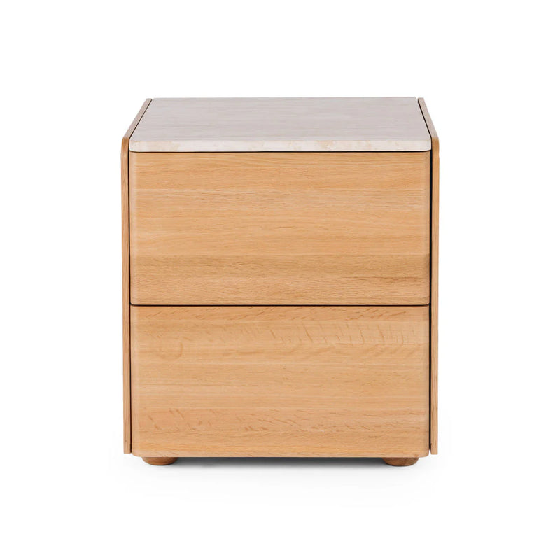 Cube Natural Oak Side Table 2drw (Travertine Top)