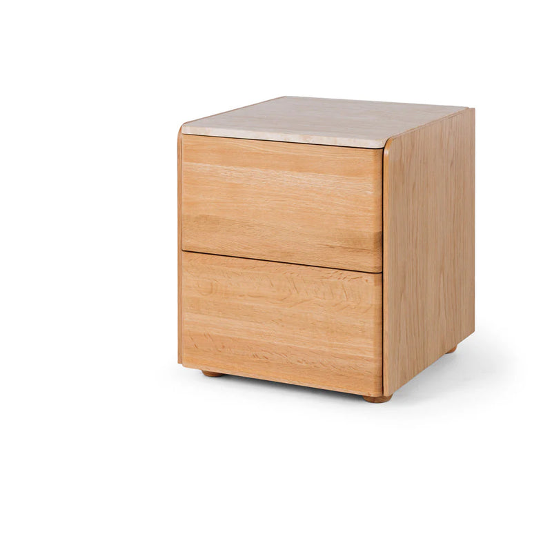 Cube Natural Oak Side Table 2drw (Travertine Top)