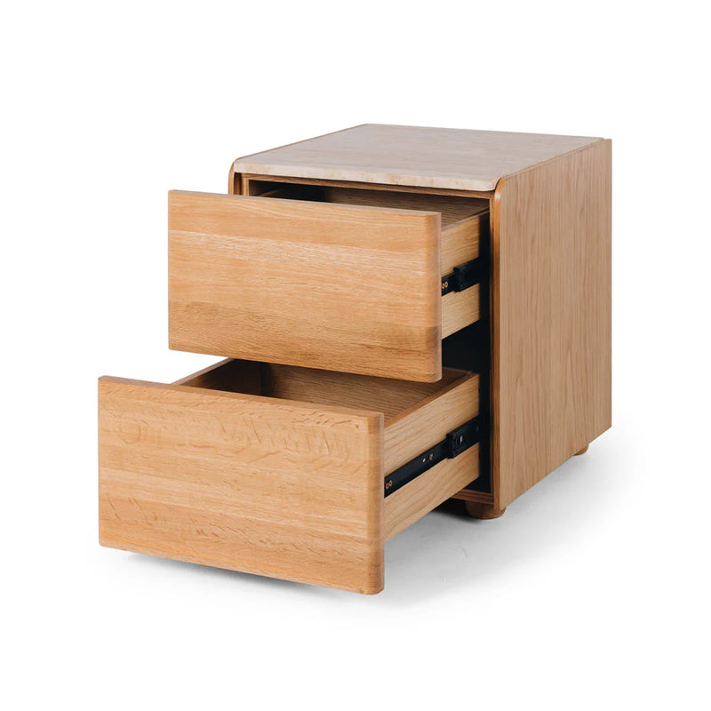 Cube Natural Oak Side Table 2drw (Travertine Top)