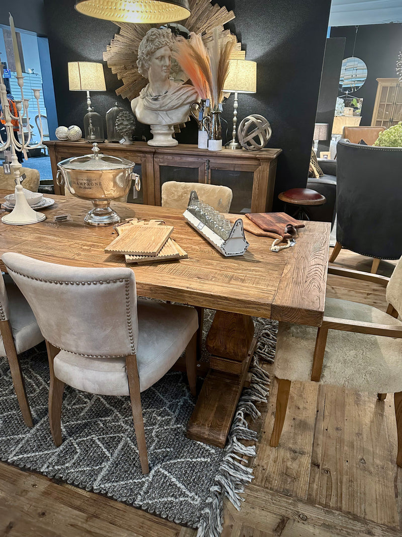 RECLAIMED ELM DINING TABLE W DOUBLE PED BASE - 3m