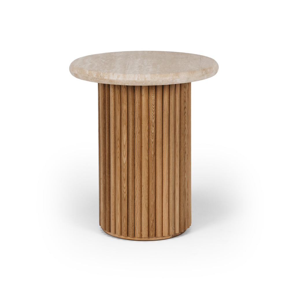 Rho Travertine Top Side Table 50rd (Natural Oak Base)