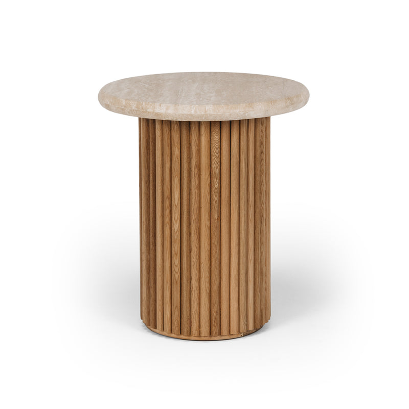 Rho Travertine Top Side Table 50rd (Natural Oak Base)