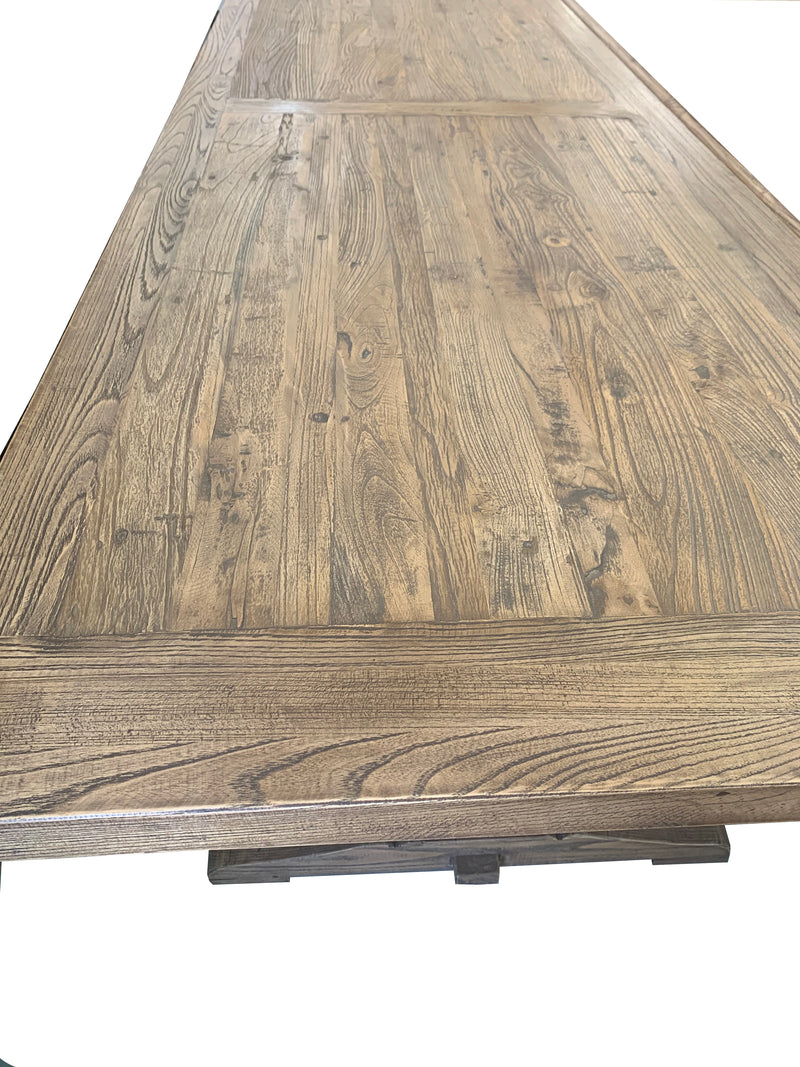 RECLAIMED ELM DINING TABLE W DOUBLE PED BASE - 3m