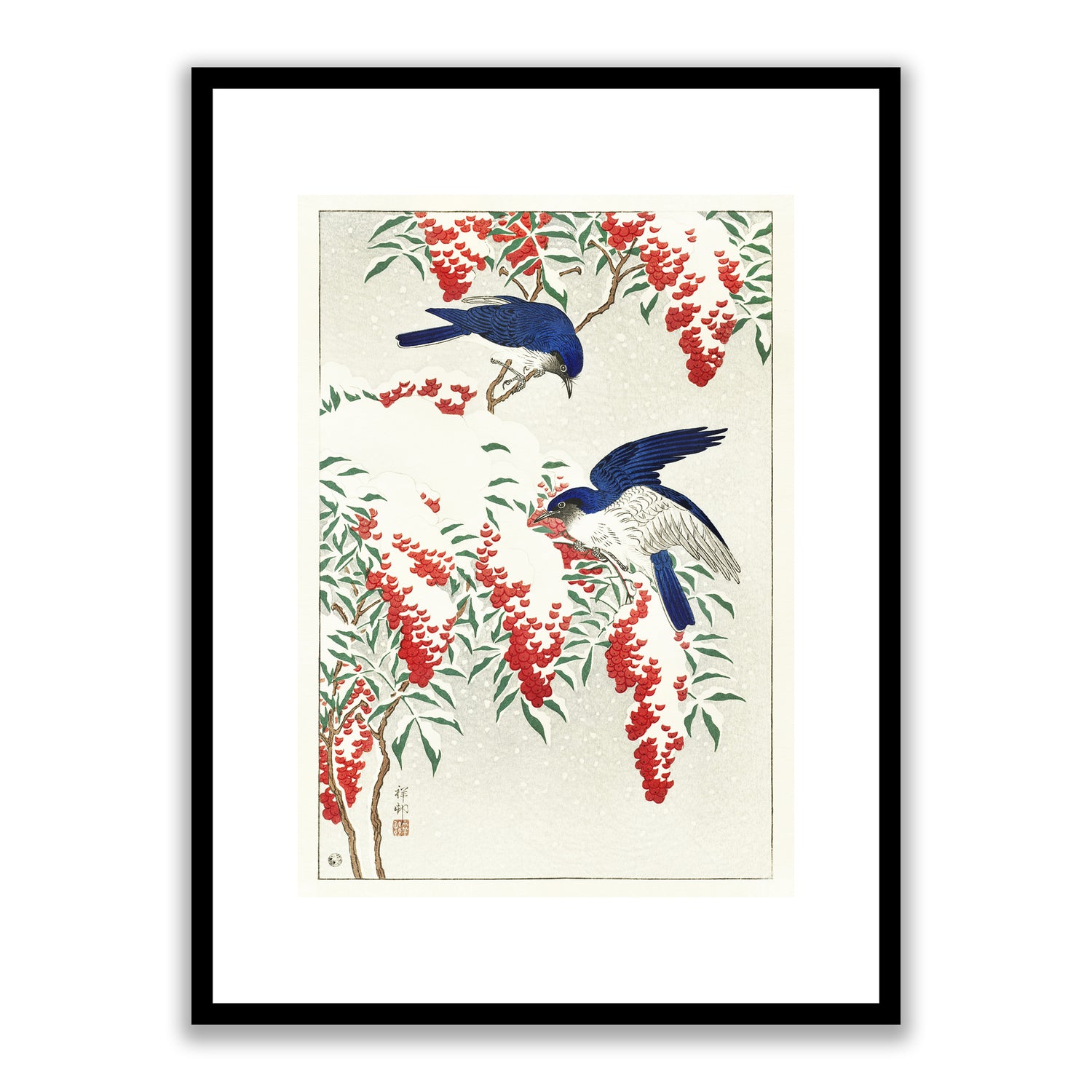 Flycatchers on a nandina bush by Ohara Koson Framed Print