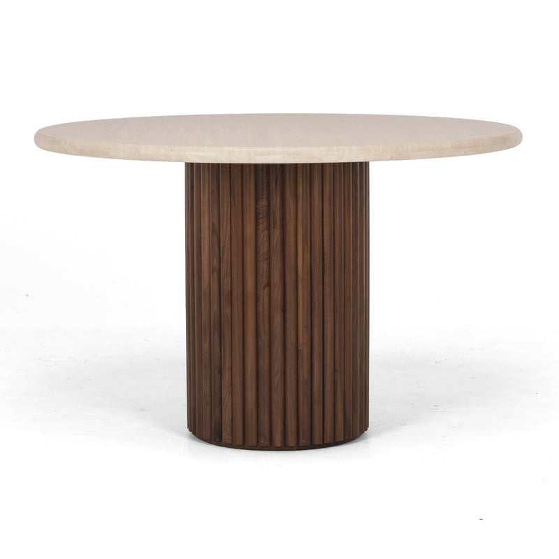Rho Travertine Top Dining Table 120rd (Walnut Base)
