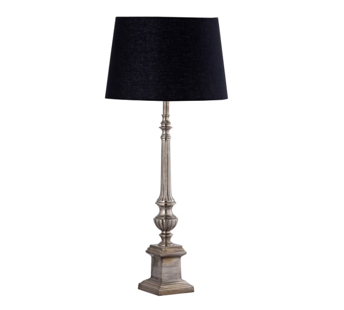TABLE LAMP & SHADE - SILVER ANTIQUE / BLACK COTTON