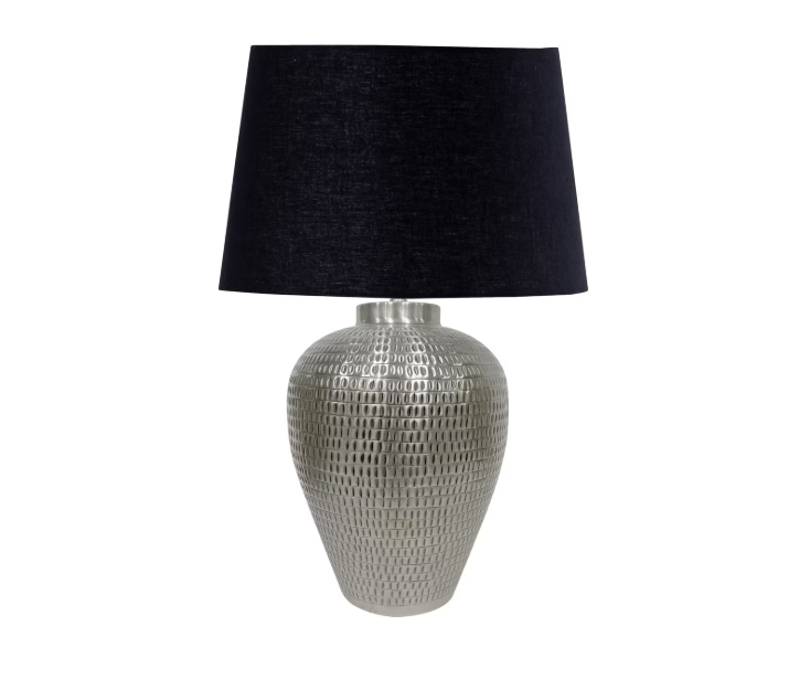 TABLE LAMP & SHADE - ANTIQUE SILVER / BLACK COTTON