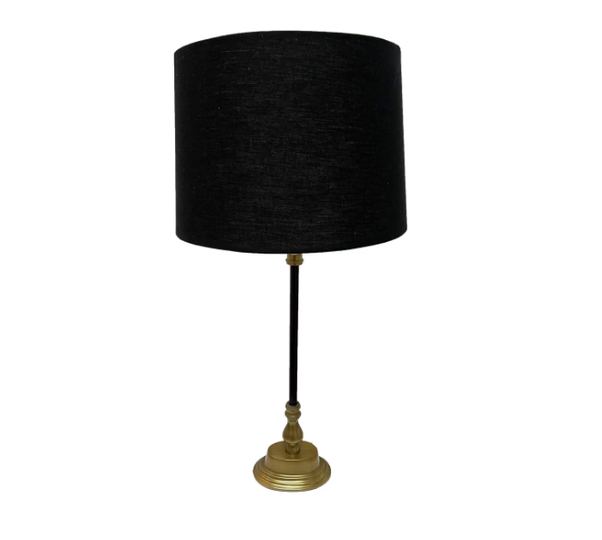 TABLE LAMP - ALUMINIUM /BLACK & BRASS FINISH / SHADE - BLACK LINEN
