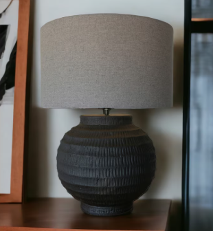 BLACK TERRACOTTA LAMP W/ GREY LINEN SHADE