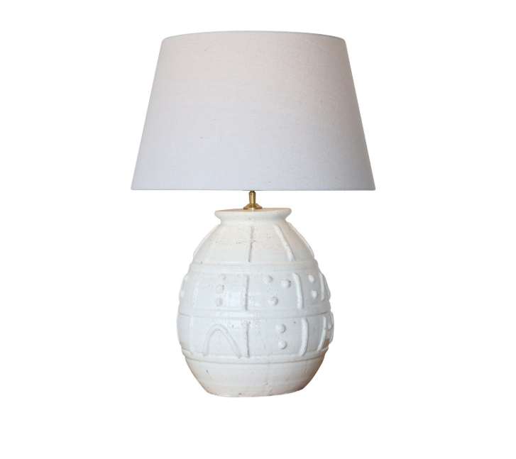 WHITE TERRACOTTA LAMP W/ WHITE LINEN SHADE