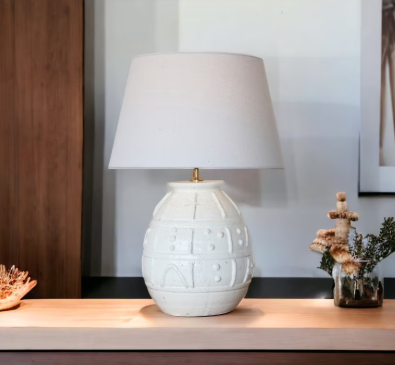 WHITE TERRACOTTA LAMP W/ WHITE LINEN SHADE
