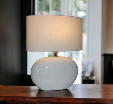 WHITE TERRACOTTA LAMP W/ NATURAL LINEN SHADE