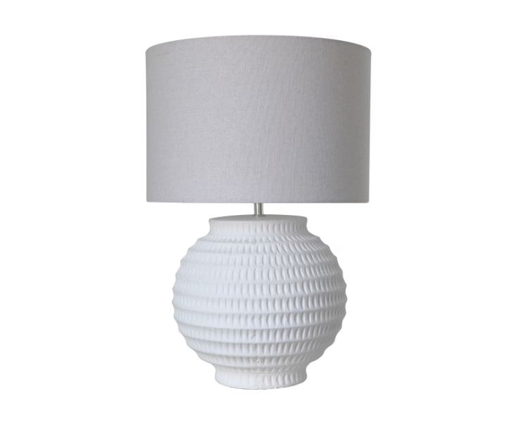 WHITE TERRACOTTA LAMP W/ WHITE LINEN SHADE