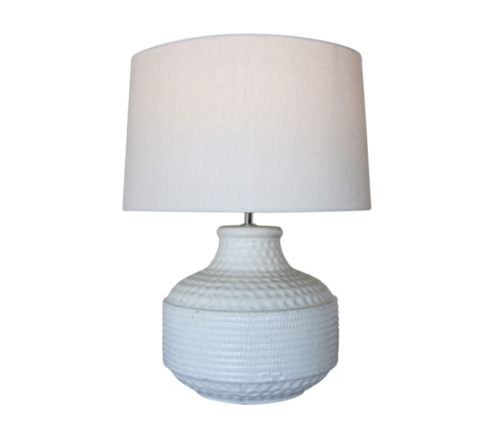 WHITE TERRACOTTA LAMP W/ WHITE LINEN SHADE