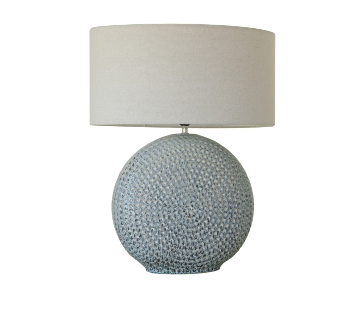 BLUE GLAZED CERAMIC LAMP W/ LINEN SHADE