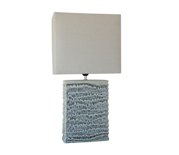 BLUE GLAZED CERAMIC LAMP W/ LINEN SHADE