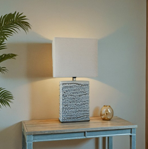 BLUE GLAZED CERAMIC LAMP W/ LINEN SHADE