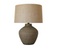 BROWN CERAMIC LAMP W/ HESSIAN SHADE