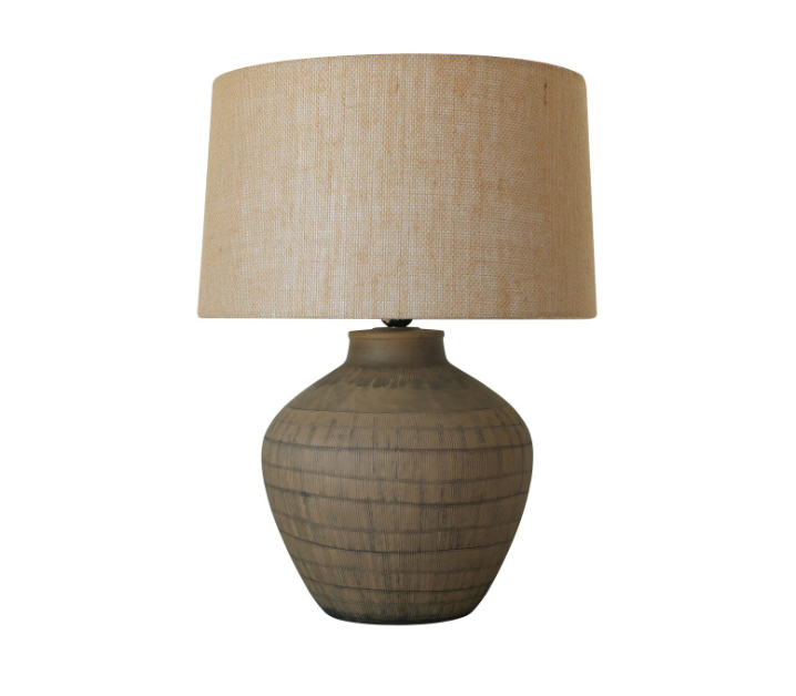 BROWN CERAMIC LAMP W/ HESSIAN SHADE