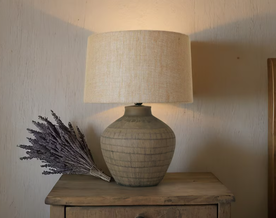BROWN CERAMIC LAMP W/ HESSIAN SHADE