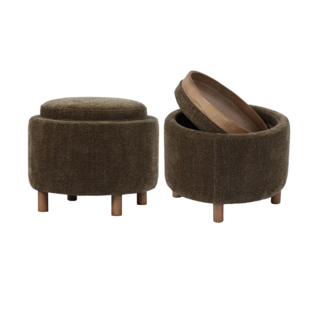 LUNA OTTOMAN - OLIVE W/ REVERSIBLE ASH WOODEN TRAY