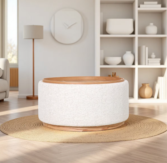 MIAMI TRAY OTTOMAN XL W/WOOD BASE - EGGSHELL