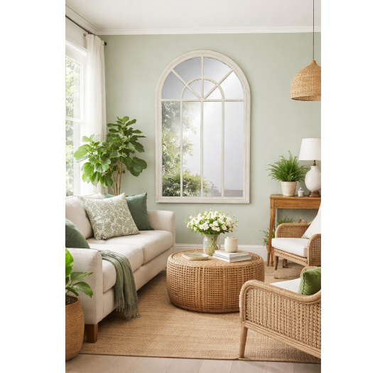 VINTAGE CREAM CHURCH WINDOW MIRROR