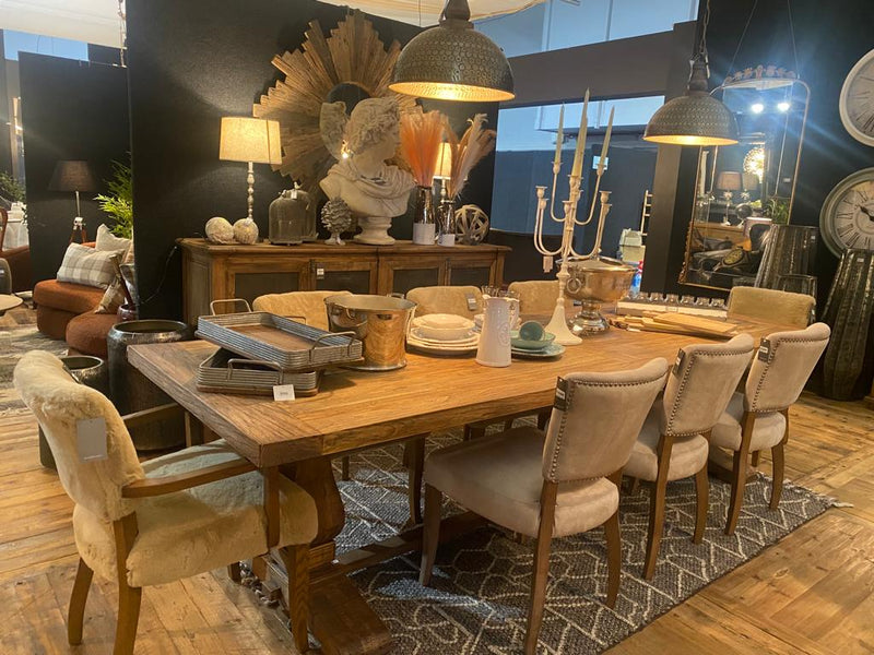 RECLAIMED ELM DINING TABLE W DOUBLE PED BASE - 3m