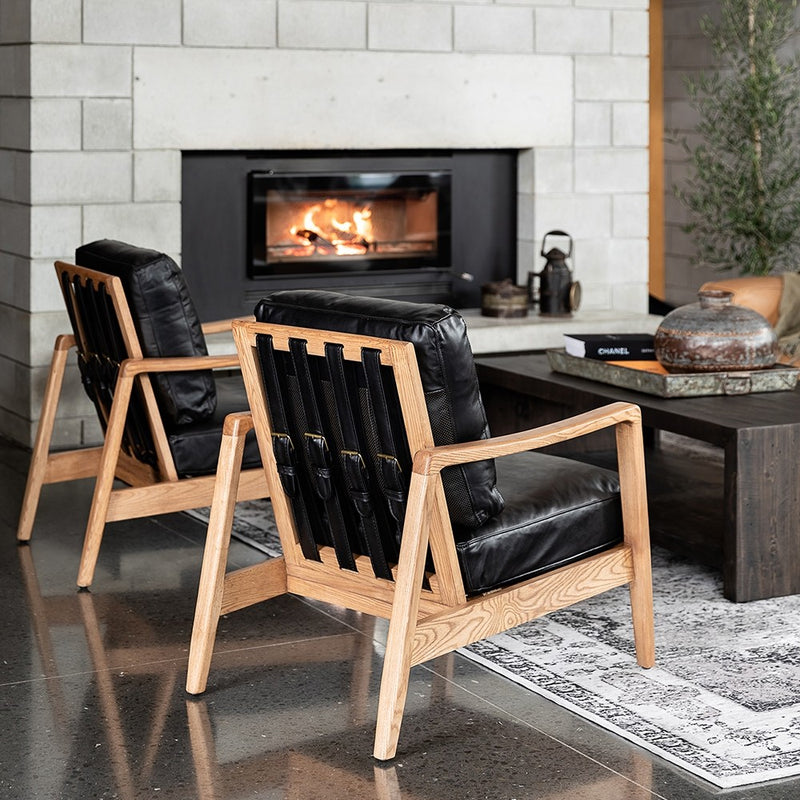 Reid Armchair - Black Leather, Natural Frame