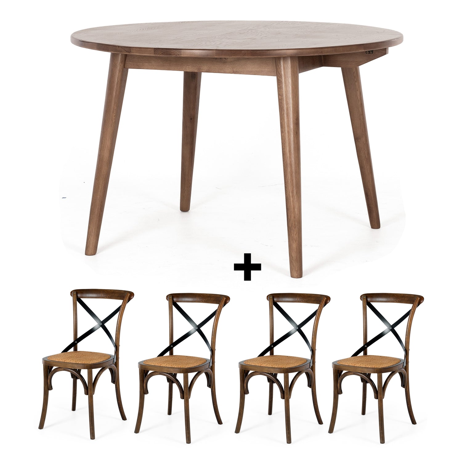 Reeves Dining Table 120 Rd (Deep Oak) - FLOOR MODEL + x4 Deep Oak Villa Chairs