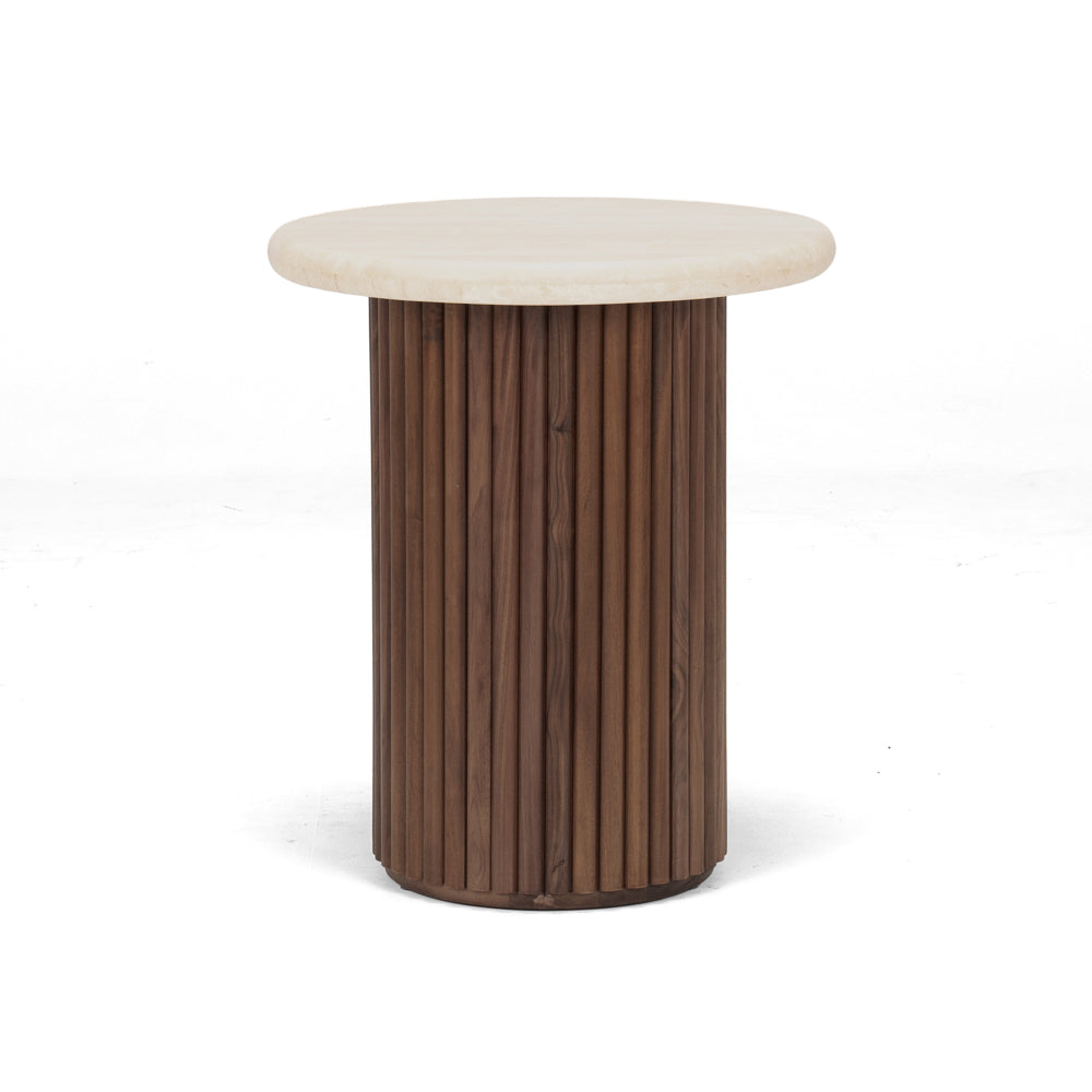 Rho Travertine Top Side Table 50rd (Walnut Base)