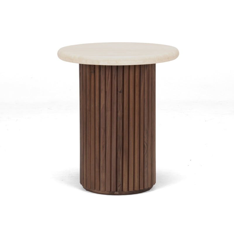 Rho Travertine Top Side Table 50rd (Walnut Base)